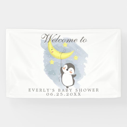 Penguin Moon Cute Watercolor Baby Shower Welcome Banner