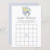 Penguin Moon Watercolor Baby Shower Bingo Game Invitation