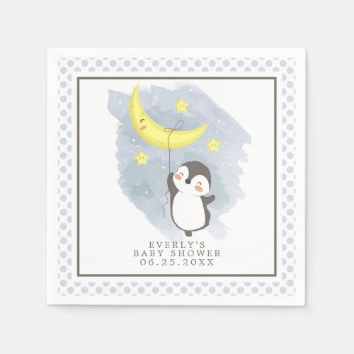 Penguin Moon Watercolor Baby Shower Napkins