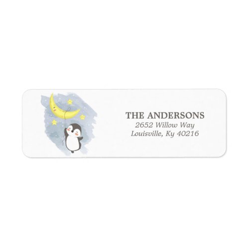 Penguin Moon Watercolor Baby Shower Return Address Label