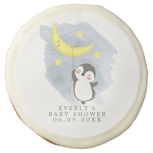 Penguin Moon Watercolor Baby Shower Sugar Cookie