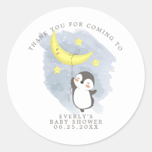 Penguin Moon Watercolor Baby Shower Thank You Classic Round Sticker
