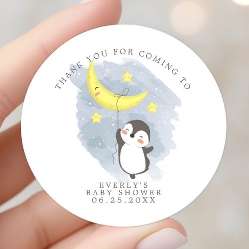Penguin Moon Watercolor Baby Shower Thank You Classic Round Sticker