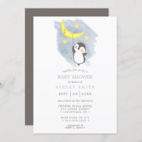 Penguin Moon Winter  Watercolor Baby Shower Invitation