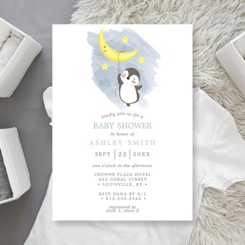 Penguin Moon Winter  Watercolor Baby Shower Invitation