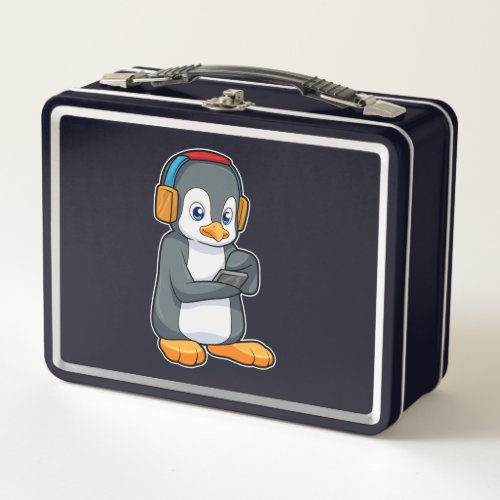 Penguin Music Headphone Metal Lunch Box