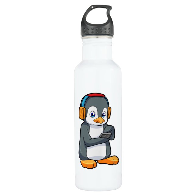Penguin Music Headphone Stainless Steel Water Bottle (Front)