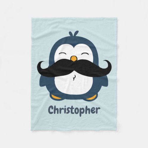 Penguin Mustache Trend Blue Personalized Fleece Blanket