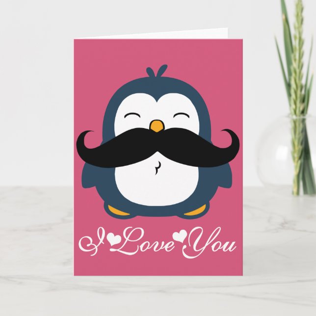 Penguin Mustache Trend I Love You Card (Front)