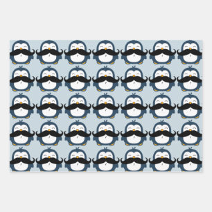 Penguin Mustache Trend Pattern   Blue Wrapping Paper Sheets