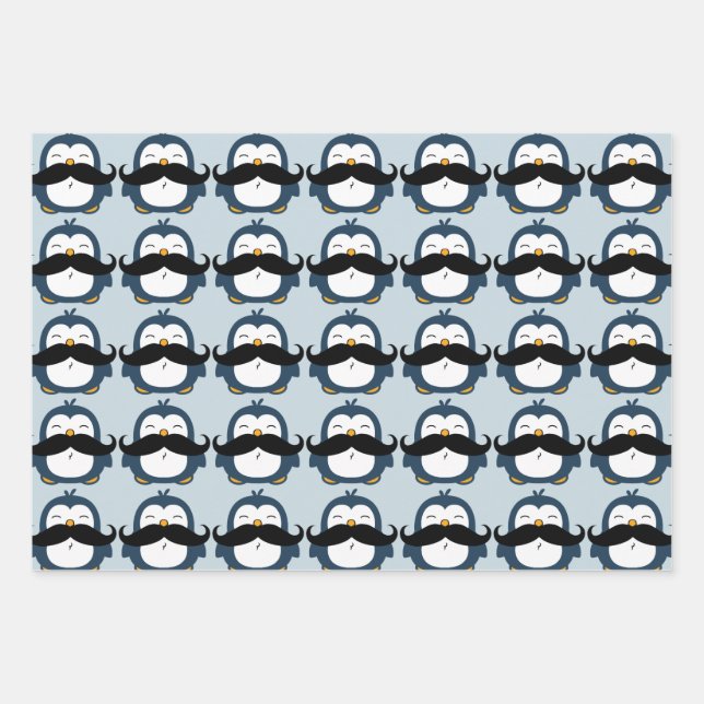 Penguin Mustache Trend Pattern | Blue Wrapping Paper Sheets (Front)