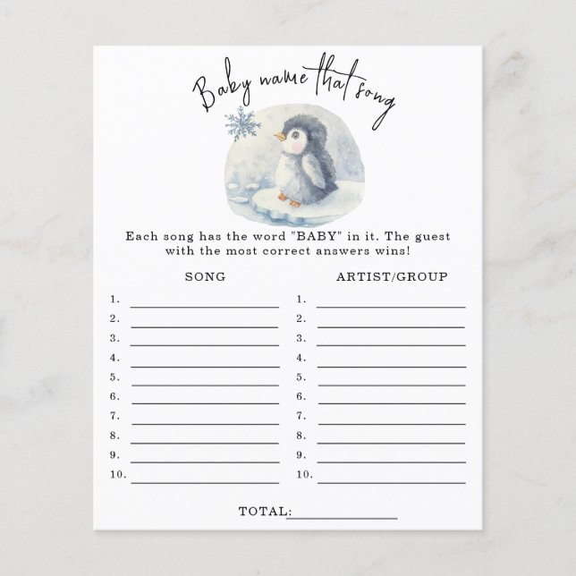 Penguin - Name that song baby shower game (Front)