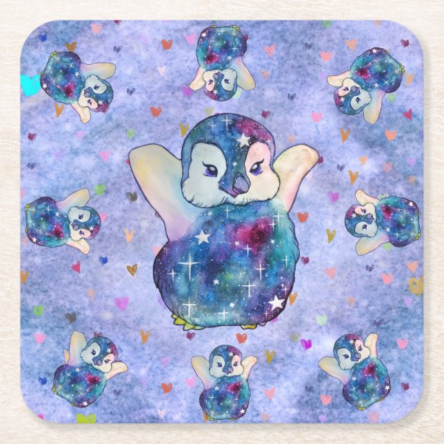 Penguin named Button Square Paper Coaster (Front)