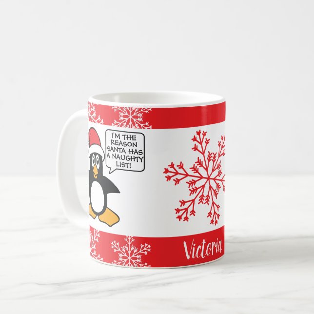 Penguin Naughty List Personalize Christmas Coffee Mug (Front Left)