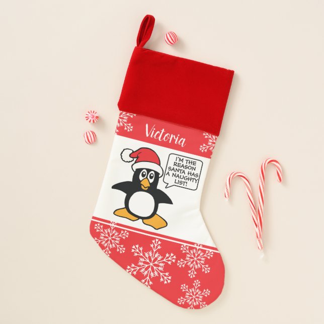 Penguin Naughty List Personalize Christmas Stocking (Front)
