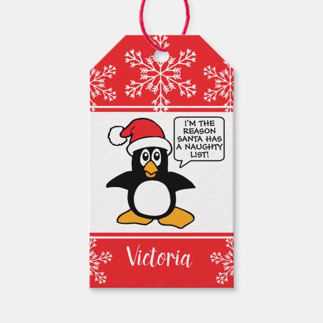 Penguin Naughty List Personalized Christmas Gift Tags (Front)