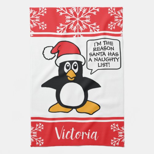 Penguin Naughty List Personalized Christmas Kitchen Towel