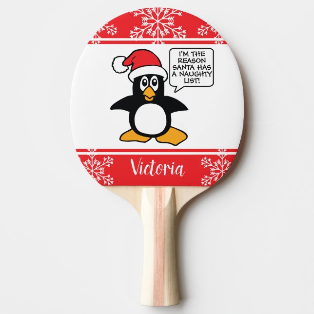 Penguin Naughty List Personalized Christmas Ping Pong Paddle (Front)