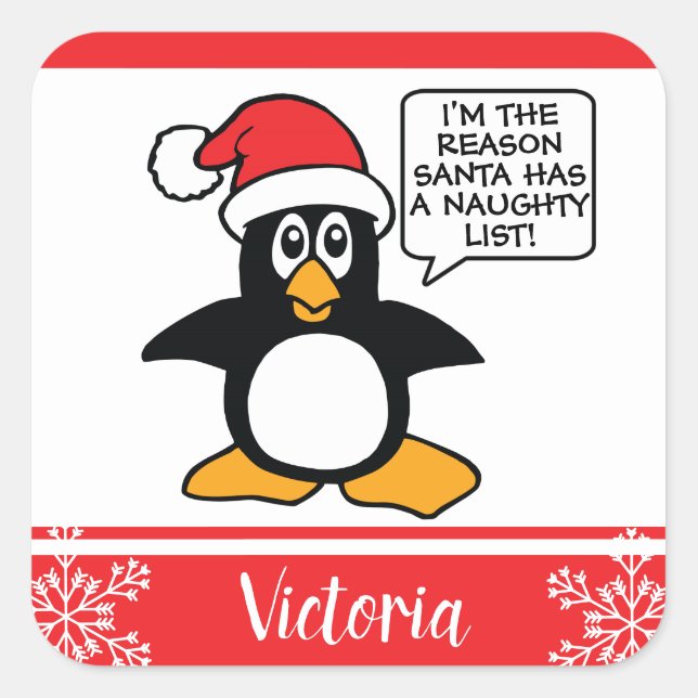 Penguin Naughty List Personalized Christmas Square Sticker (Front)