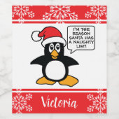 Penguin Naughty List Personalized Christmas Wine Label (Single Label)