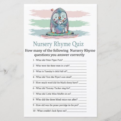 Penguin Nursery Rhyme Quiz baby shower game