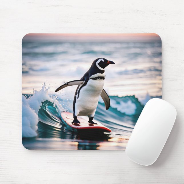 Penguin On a Surfboard Mouse Pad (With Mouse)