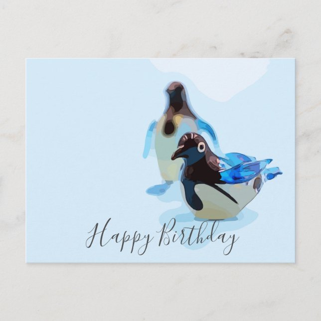 Penguin on blue background water color birthday postcard (Front)