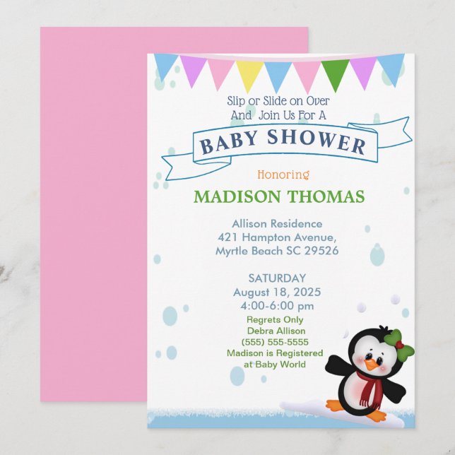 Penguin On Ice Baby Shower Invitation (Front/Back)