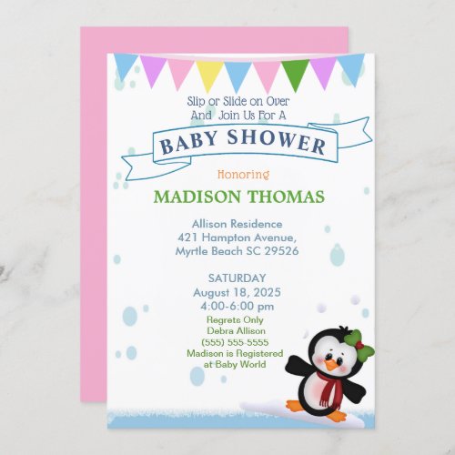 Penguin On Ice Baby Shower Invitation