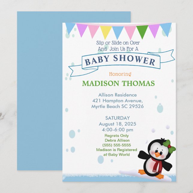 Penguin On Ice Baby Shower Invitation (Front/Back)