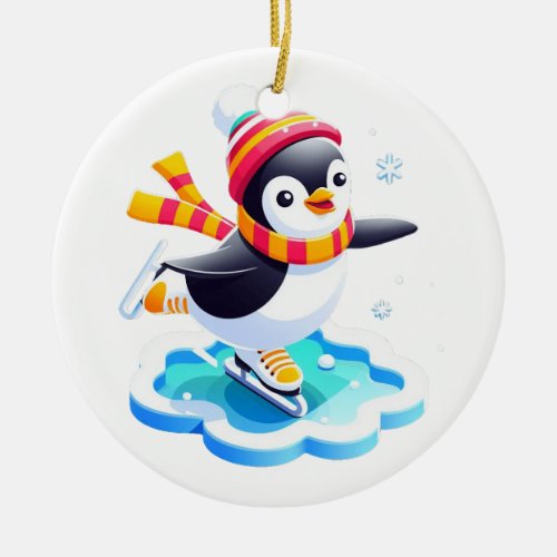 Penguin on Ice Cute Christmas Skating  Ceramic Ornament