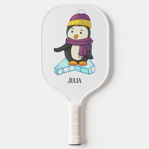Penguin on Ice Purple Hat and Scarf Winter Art  Pickleball Paddle