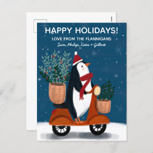 Penguin on Scooter Cute Christmas Custom Holiday Postcard