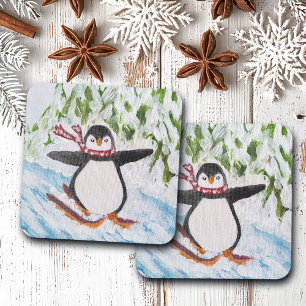 Penguin on Ski Slope Beverage Coaster