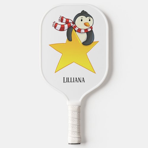 Penguin on Star Red White Striped Scarf Holiday  Pickleball Paddle
