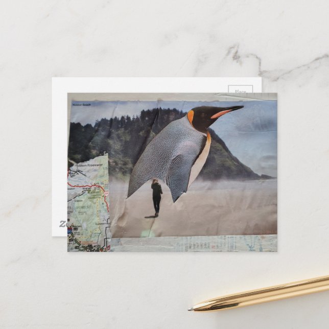 Penguin on the Beach Surreal Collage Postcard (Front/Back In Situ)
