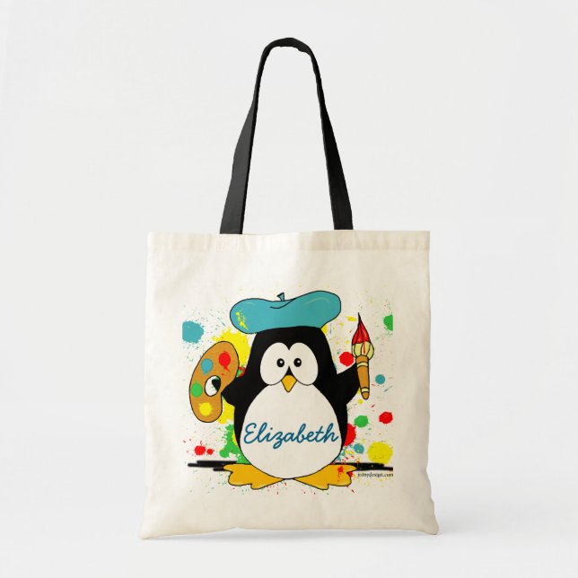 Penguin Painter Add Your Name Tote Bag (Front)