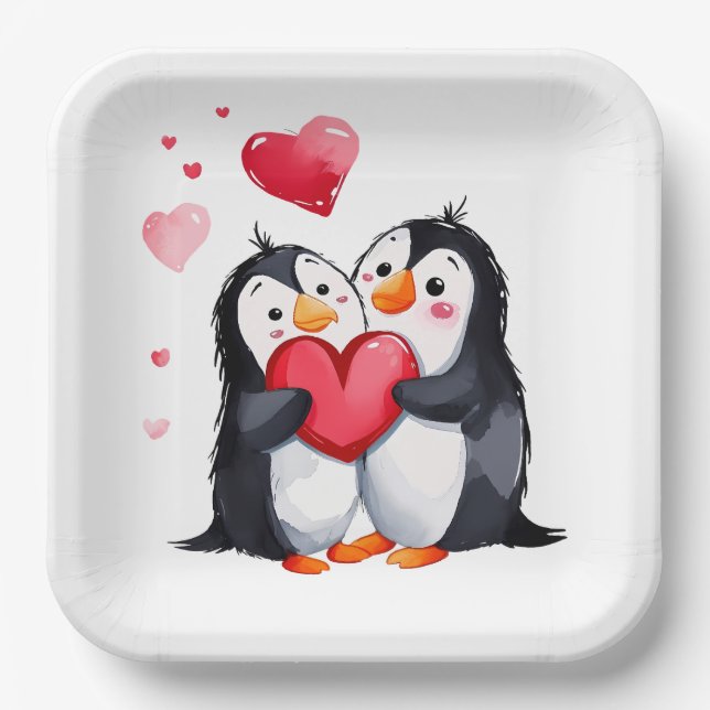 Penguin Pair With Red Hearts Paper Plates (Front)