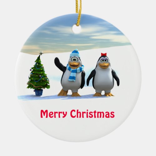 Penguin Pair with Tree Ceramic Ornament