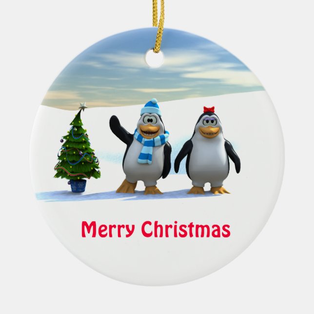 Penguin Pair with Tree Ceramic Ornament (Front)