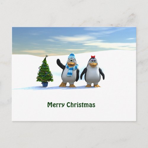 Penguin Pair with Tree Holiday Postcard