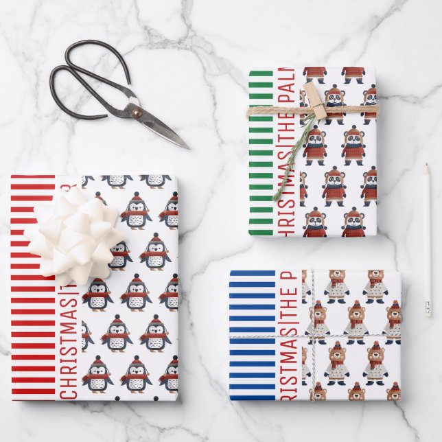 Penguin, panda, bear and stripes Merry Christmas Wrapping Paper Sheets (Front)