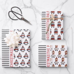 Penguin, panda, bear and stripes Merry Christmas Wrapping Paper Sheets
