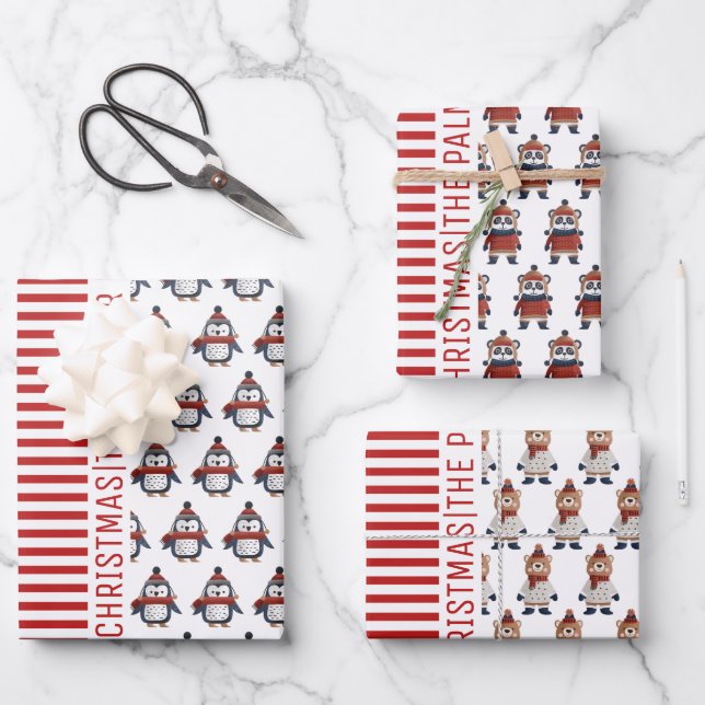 Penguin, panda, bear, red stripes Merry Christmas Wrapping Paper Sheets (Front)