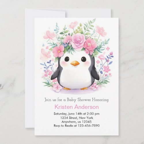 Penguin Paradise Girl Baby Shower Invitation