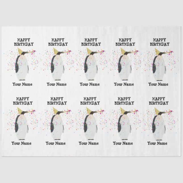Penguin Partying - Animals at Birthday Party Name Tissue Paper (Front)