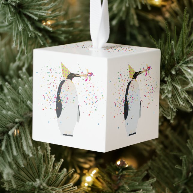 Penguin Partying Animals Having a Party Christmas Cube Ornament (Tree)