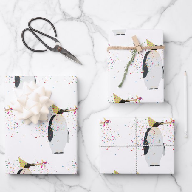 Penguin Partying - Animals Having a Party Wrapping Paper Sheets (Front)