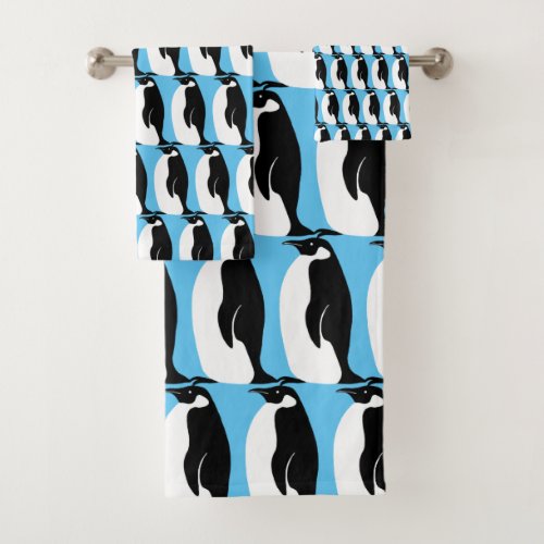 Penguin Pattern Aqua Black White Bath Towel Set