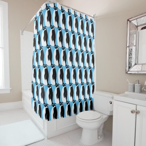 Penguin Pattern Aqua Black White Shower Curtain